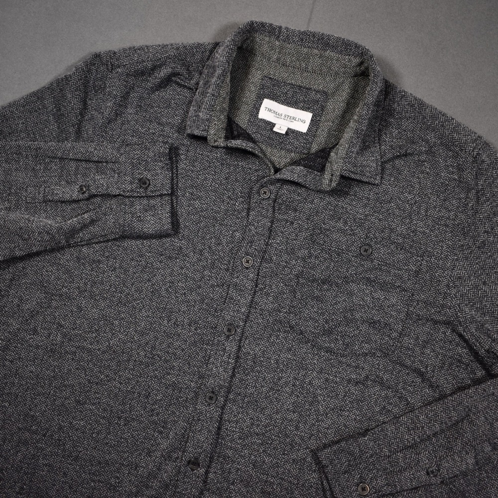 Thomas Sterling Lightweight Herringbone Gray Button Dow Casual Shirt Large